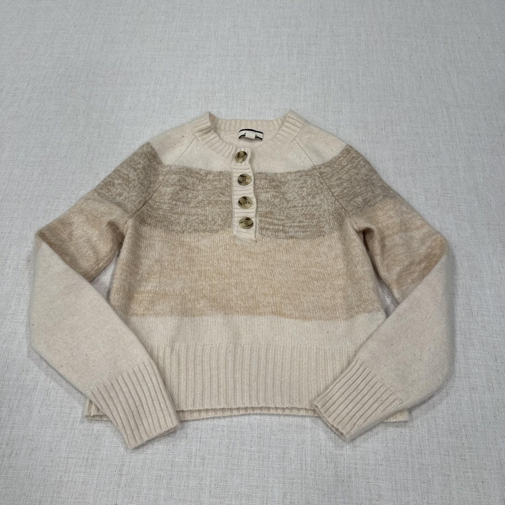 J Crew Sweater Womens XXS Beige 100% Cashmere Stripe Henley Knit Pullover
